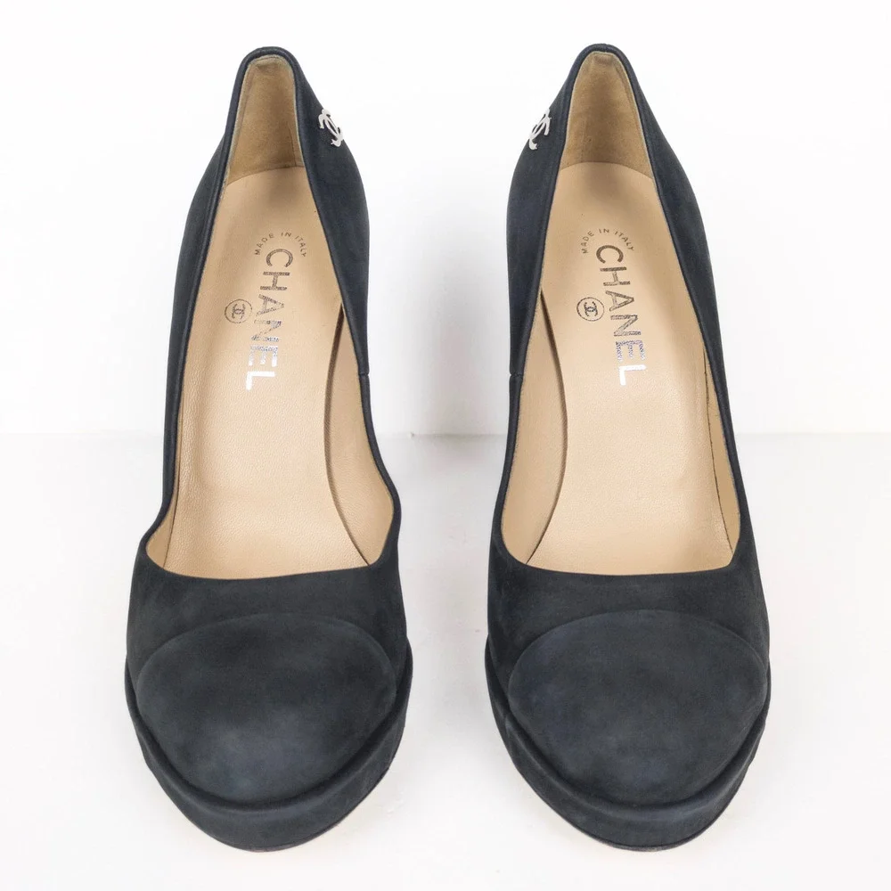 CHANEL Black Calfskin Leather Cap Toe CC Platform Pumps Women's FR 39.5 US 8.5